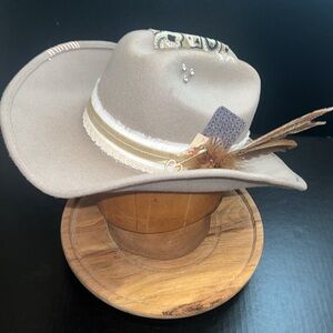 Handmade One of a Kind Decorated 100% Wool Beige Cowgirl Hat w/Lace & Feathers